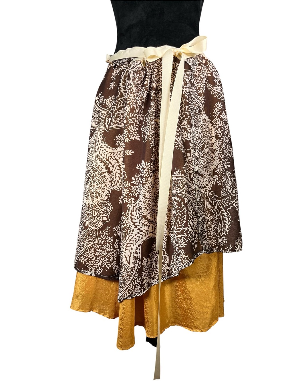 Brown Gold Wrap Skirt Layered Paisley Print Boho Flowy Indian Handmade One Size